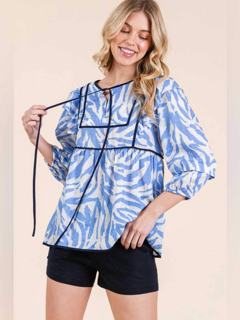 Lime 'N' Chili Graphic Print Solid Trim Quarter Sleeve Blouse - Picture 11 of 14